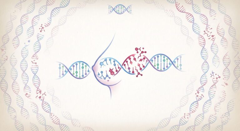 Ilustracja podwójnej helisy DNA z abstrakcyjnymi wzorami chemicznymi, symbolizująca badania genetyczne.