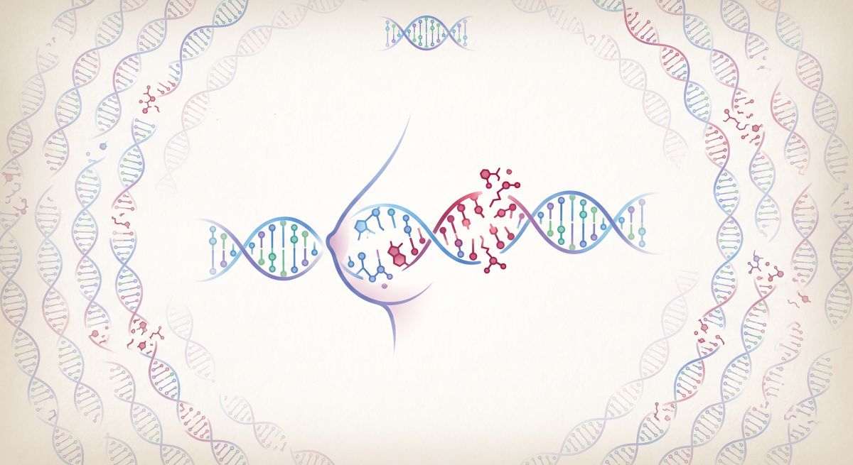 Ilustracja podwójnej helisy DNA z abstrakcyjnymi wzorami chemicznymi, symbolizująca badania genetyczne.