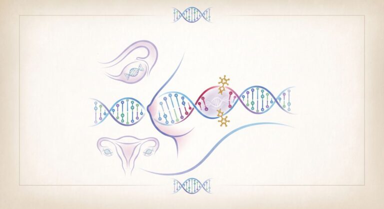 Ilustracja przedstawia DNA na tle kobiecego ciała z elementami chemicznymi, symbolizuje genetykę i zdrowie kobiet.