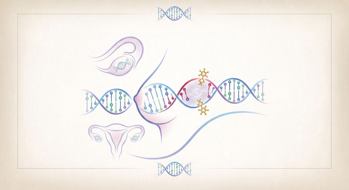 Ilustracja przedstawia DNA na tle kobiecego ciała z elementami chemicznymi, symbolizuje genetykę i zdrowie kobiet.