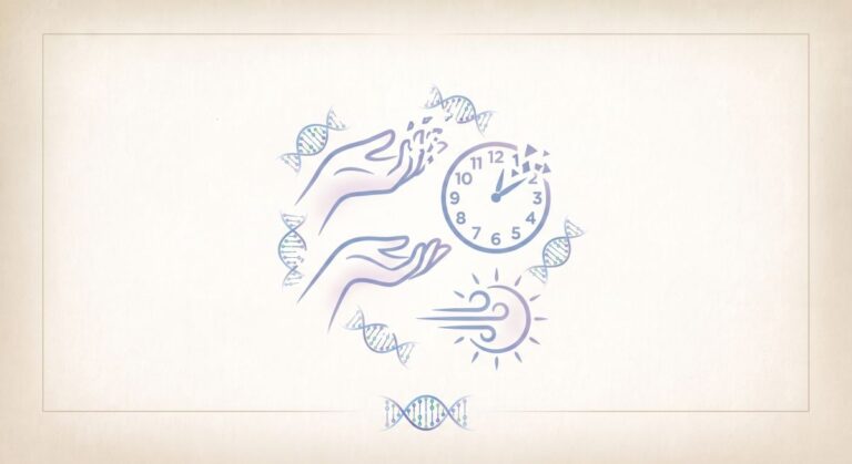 Rysunek przedstawia zegar, dłonie i symbole DNA, sugerując temat czasu, natury i genetyki.