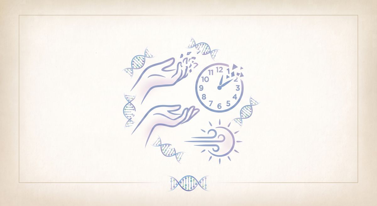 Rysunek przedstawia zegar, dłonie i symbole DNA, sugerując temat czasu, natury i genetyki.
