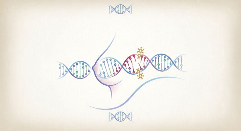 Ilustracja DNA z kolorowymi przebłyskami, abstrakcyjnie połączona z kobiecym profilem i chemicznymi strukturami.