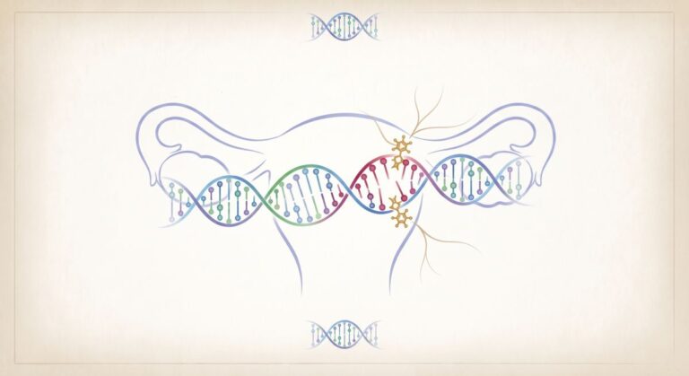 Ilustracja DNA w kształcie żeńskiego układu rozrodczego z zaznaczonymi mutacjami genetycznymi.