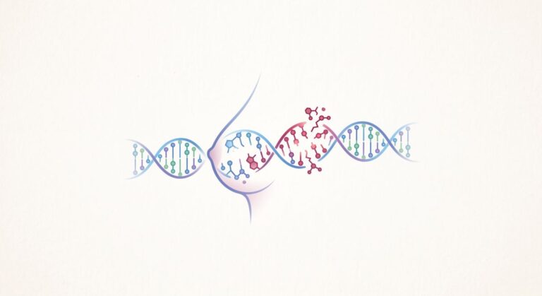 Ilustracja DNA z dwiema nićmi, jedną w kształcie twarzy z maską i drugą rozdzielającą się na cząsteczki.