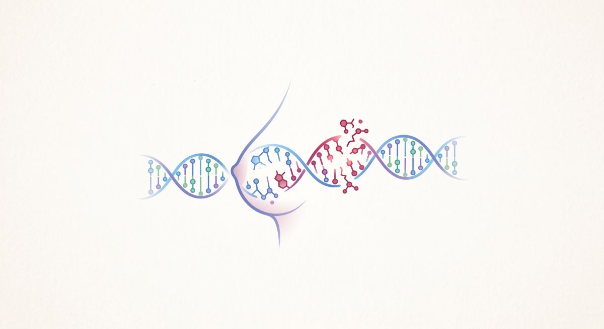 Ilustracja DNA z dwiema nićmi, jedną w kształcie twarzy z maską i drugą rozdzielającą się na cząsteczki.