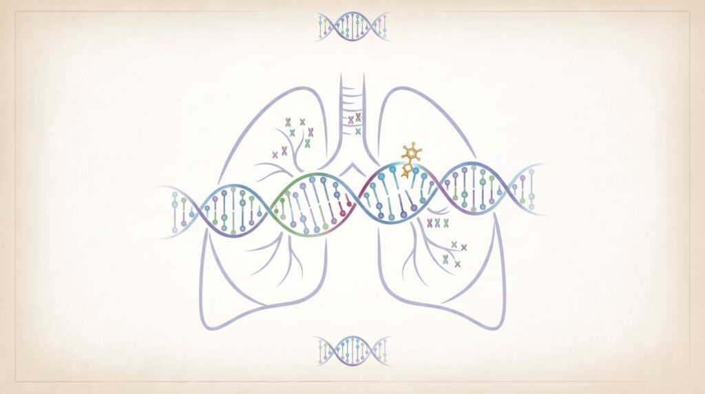 Grafika przedstawia płuca z wzorem DNA, ilustrując związek genetyki z funkcjonowaniem układu oddechowego.