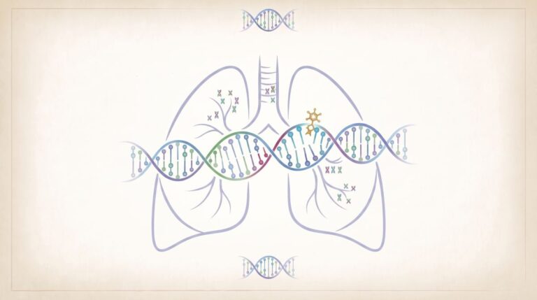 Grafika przedstawia płuca z wzorem DNA, ilustrując związek genetyki z funkcjonowaniem układu oddechowego.
