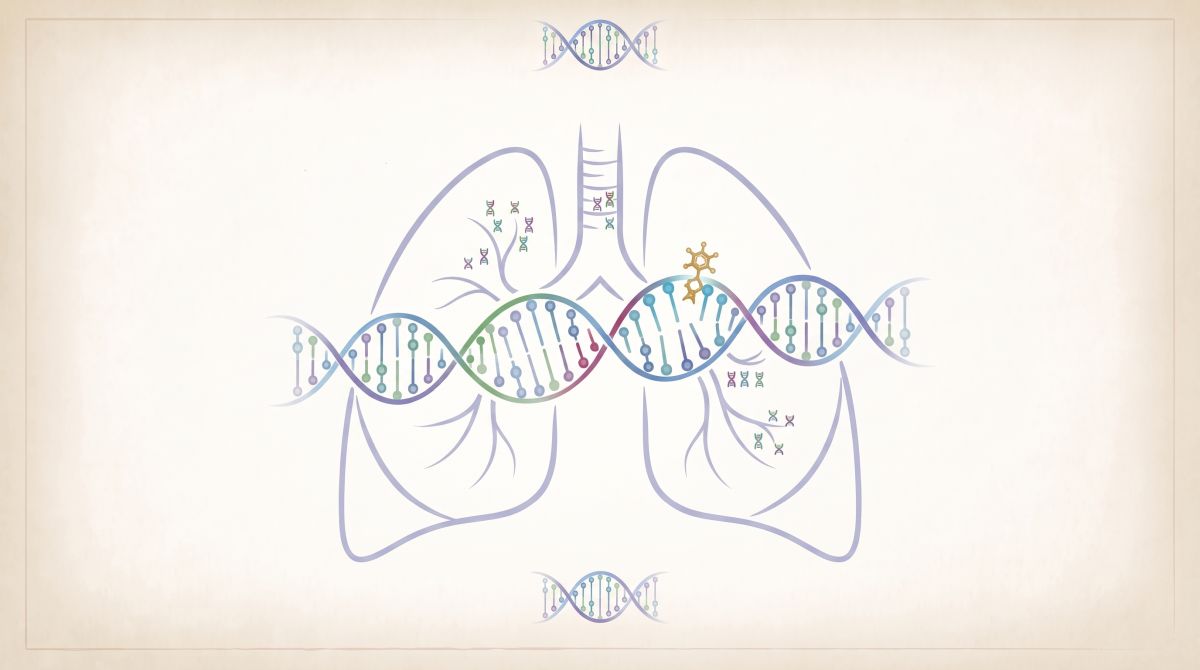 Grafika przedstawia płuca z wzorem DNA, ilustrując związek genetyki z funkcjonowaniem układu oddechowego.