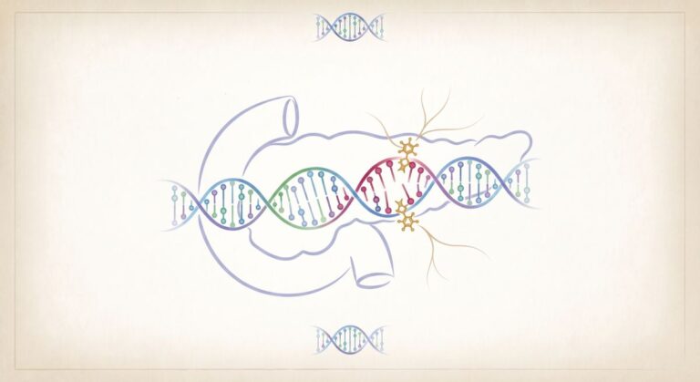 Schemat trzustki z kolorowym DNA, sugerujący związek genetyki z funkcjonowaniem narządu i chorobami.