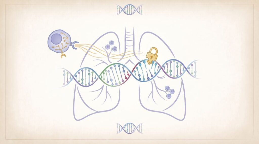 Schematyczny rysunek płuc z łańcuchem DNA i komórką, symbolizujący genetykę i biosystemy oddechowe.