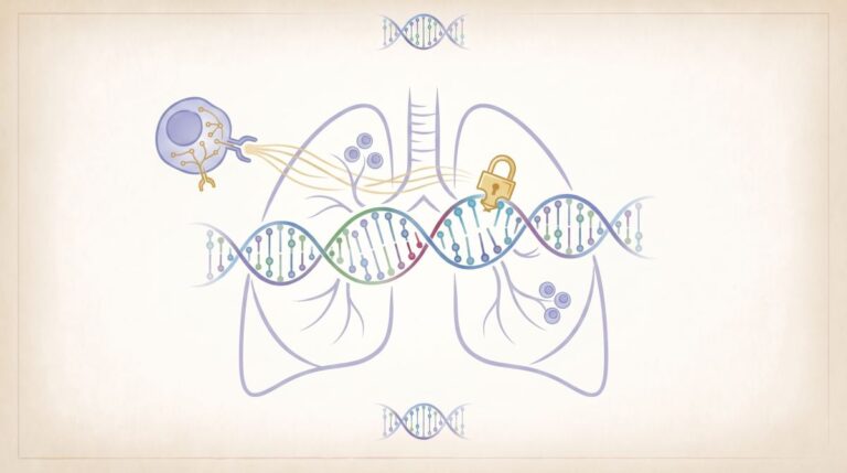 Schematyczny rysunek płuc z łańcuchem DNA i komórką, symbolizujący genetykę i biosystemy oddechowe.