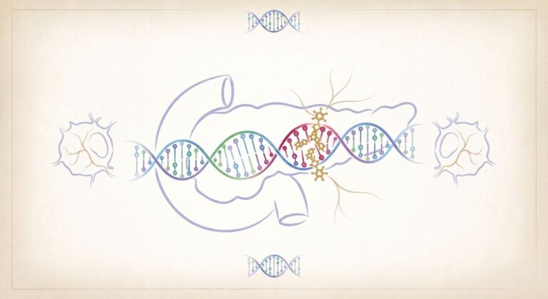 Ilustracja przedstawia DNA splecione wokół konturu trzustki, symbolizując badania genetyczne związane z tym organem.