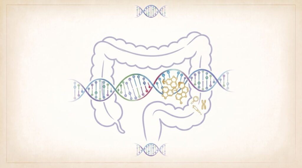 Ilustracja ukazująca schemat jelit z nałożonym motywem DNA, symbolizująca związek genetyki z układem trawiennym.