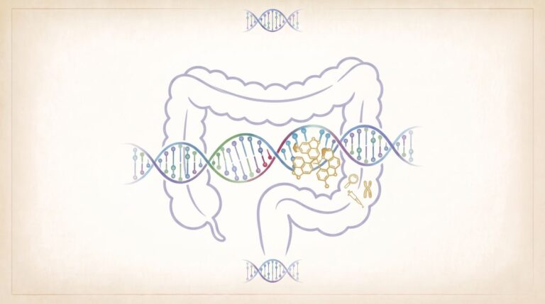Ilustracja ukazująca schemat jelit z nałożonym motywem DNA, symbolizująca związek genetyki z układem trawiennym.
