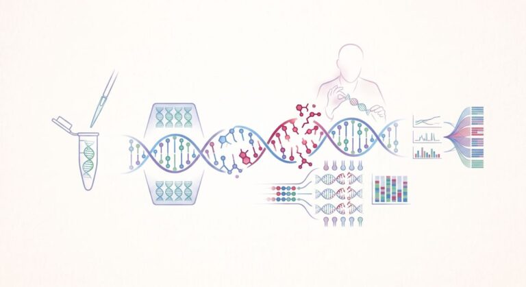 Ilustracja przedstawia analizę DNA z użyciem pipet, cząsteczek i wykresów, symbolizując naukowe badania genetyczne.