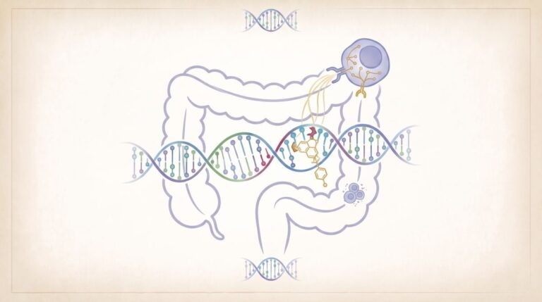 Ilustracja jelita z umieszczoną na nim nicią DNA, przedmiotami chemicznymi i komórką.