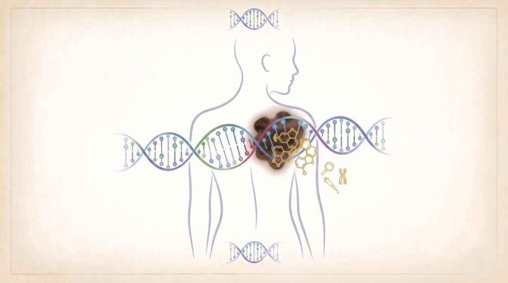 Sylwetka człowieka z molekułami DNA i wzorami chemicznymi, symbolizująca naukowe badania genetyczne.