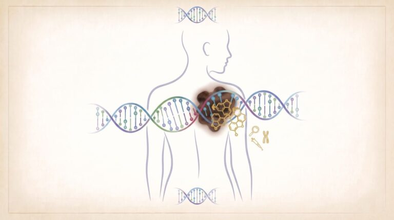 Sylwetka człowieka z molekułami DNA i wzorami chemicznymi, symbolizująca naukowe badania genetyczne.