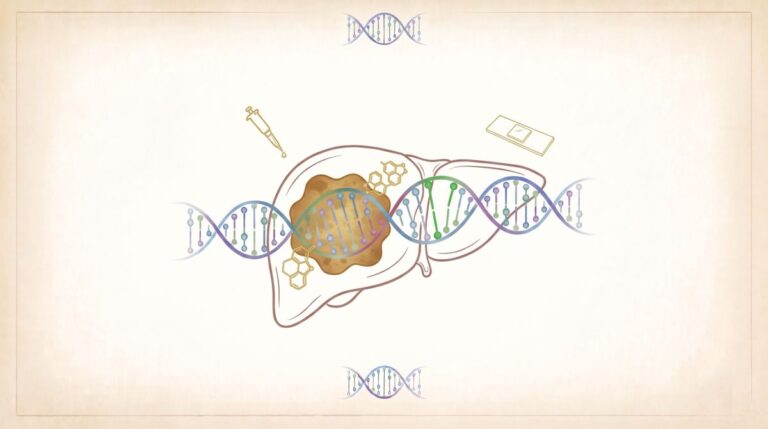 Ilustracja przedstawia rysunek wątroby z elementami DNA i sprzętem laboratoryjnym na jasnym tle.