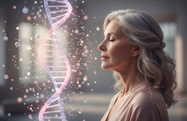 Kobieta z zamkniętymi oczami stoi obok świecącej struktury DNA, otoczonej magicznymi cząsteczkami.