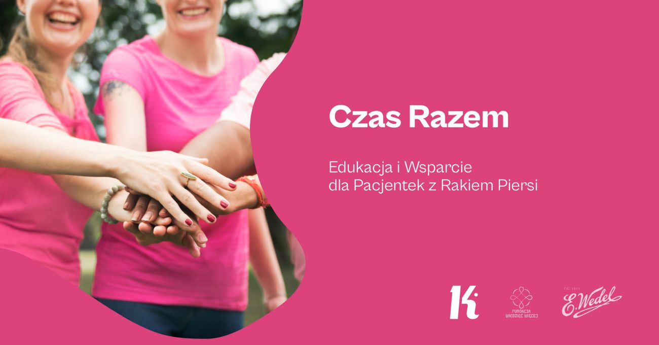 Grupa kobiet łączy dłonie, promując wsparcie dla pacjentek z rakiem piersi; hasło: Czas Razem.
