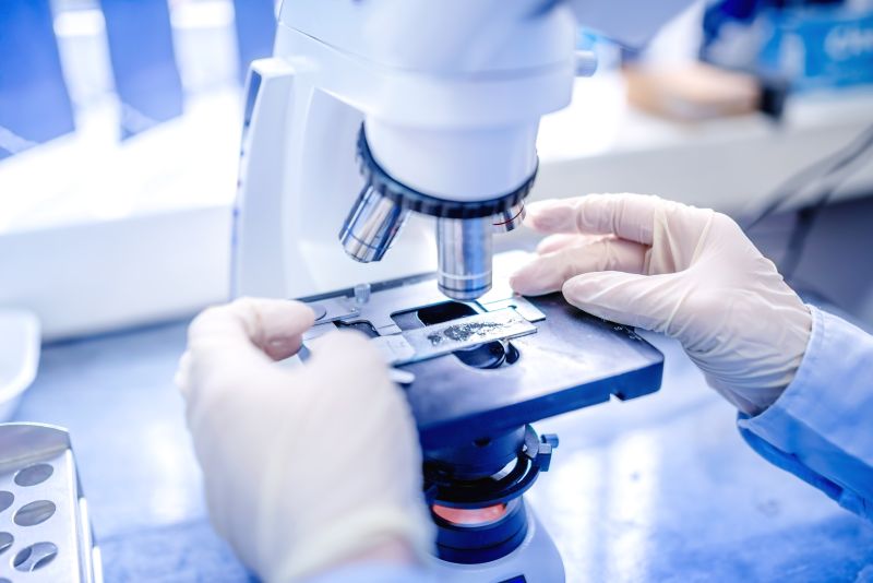 Osoba w rękawiczkach bada próbkę pod mikroskopem w laboratorium.