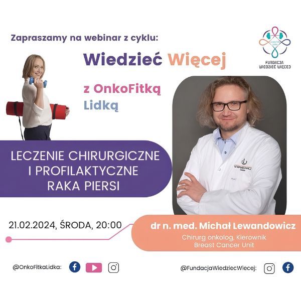 Zaproszenie na webinar Wiedzieć Więcej o leczeniu i profilaktyce raka piersi z dr. Michałem Lewandowiczem, 21.02.2024.