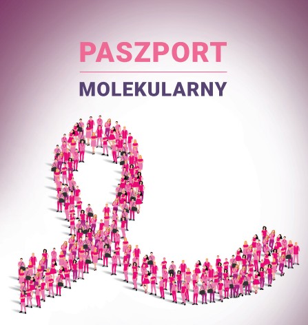 Ludzie w różowych strojach tworzą różową wstążkę na białym tle. Tekst: Paszport Molekularny.