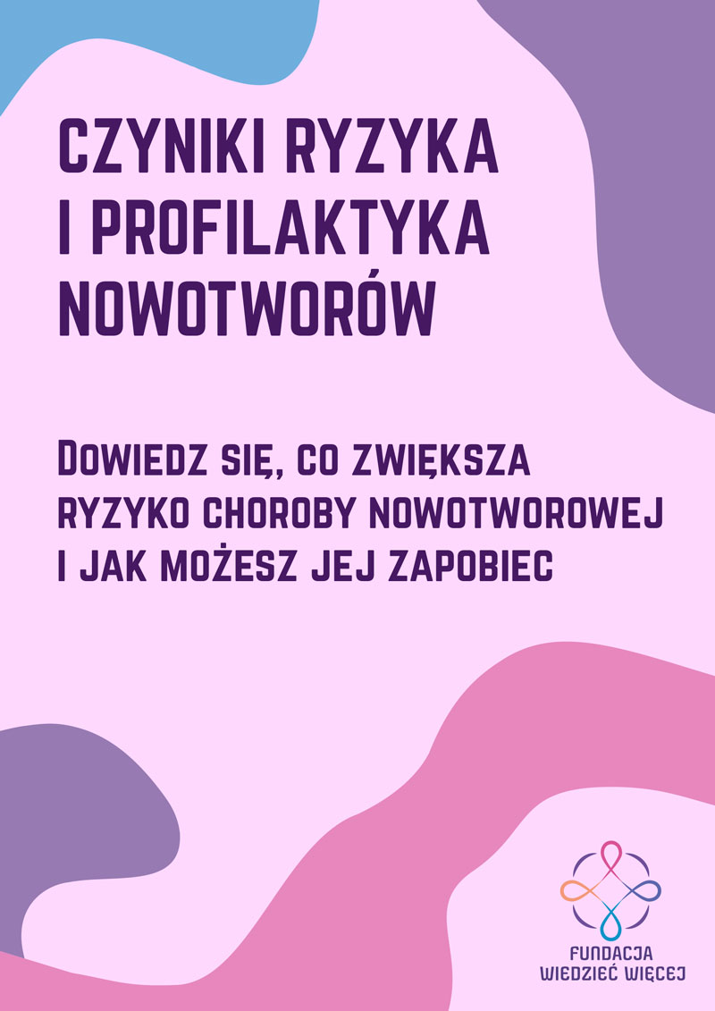 Plakat: Czynniki ryzyka i profilaktyka nowotworów. Dowiedz się, jak zmniejszyć ryzyko choroby. Fundacja Wiedzieć Więcej.