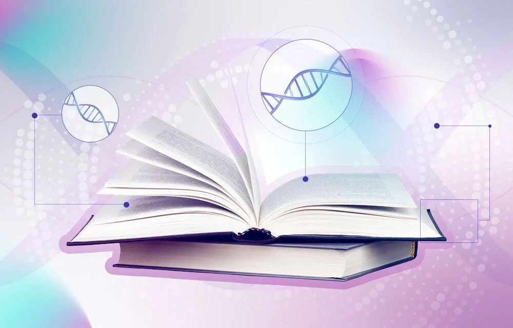 Otwarta książka z ilustracjami łańcucha DNA w tle na pastelowym, abstrakcyjnym tle.