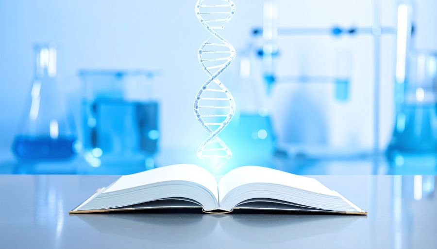 Otwarta książka z unoszącym się modelem DNA w laboratorium chemicznym z probówkami w tle.