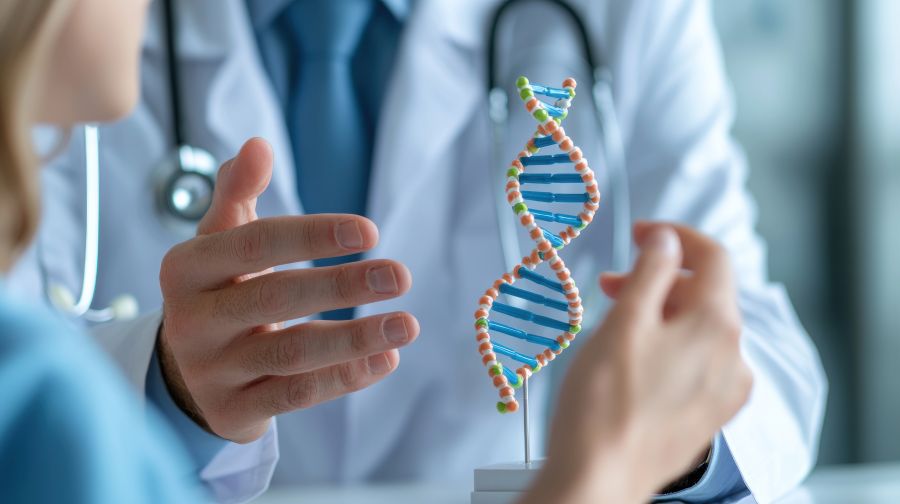 Lekarz rozmawia z pacjentem, na biurku model podwójnej helisy DNA.