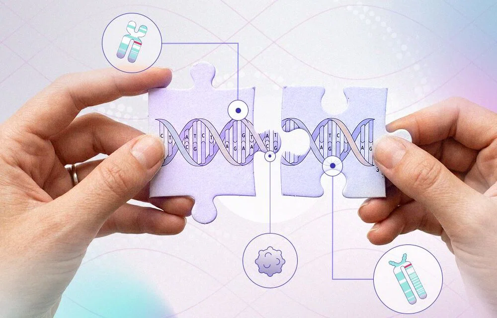 Dwie ręce trzymają elementy puzzli z motywem DNA, symbolizując połączenie w badaniach genetycznych.